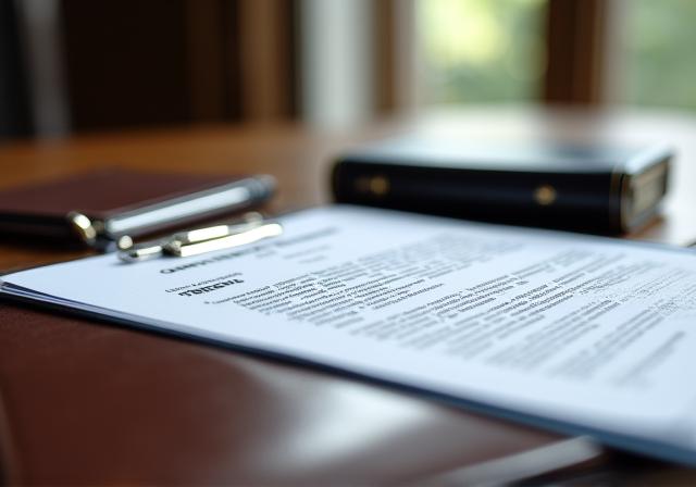 A leather-bound legal contract on a wooden mahogany desk