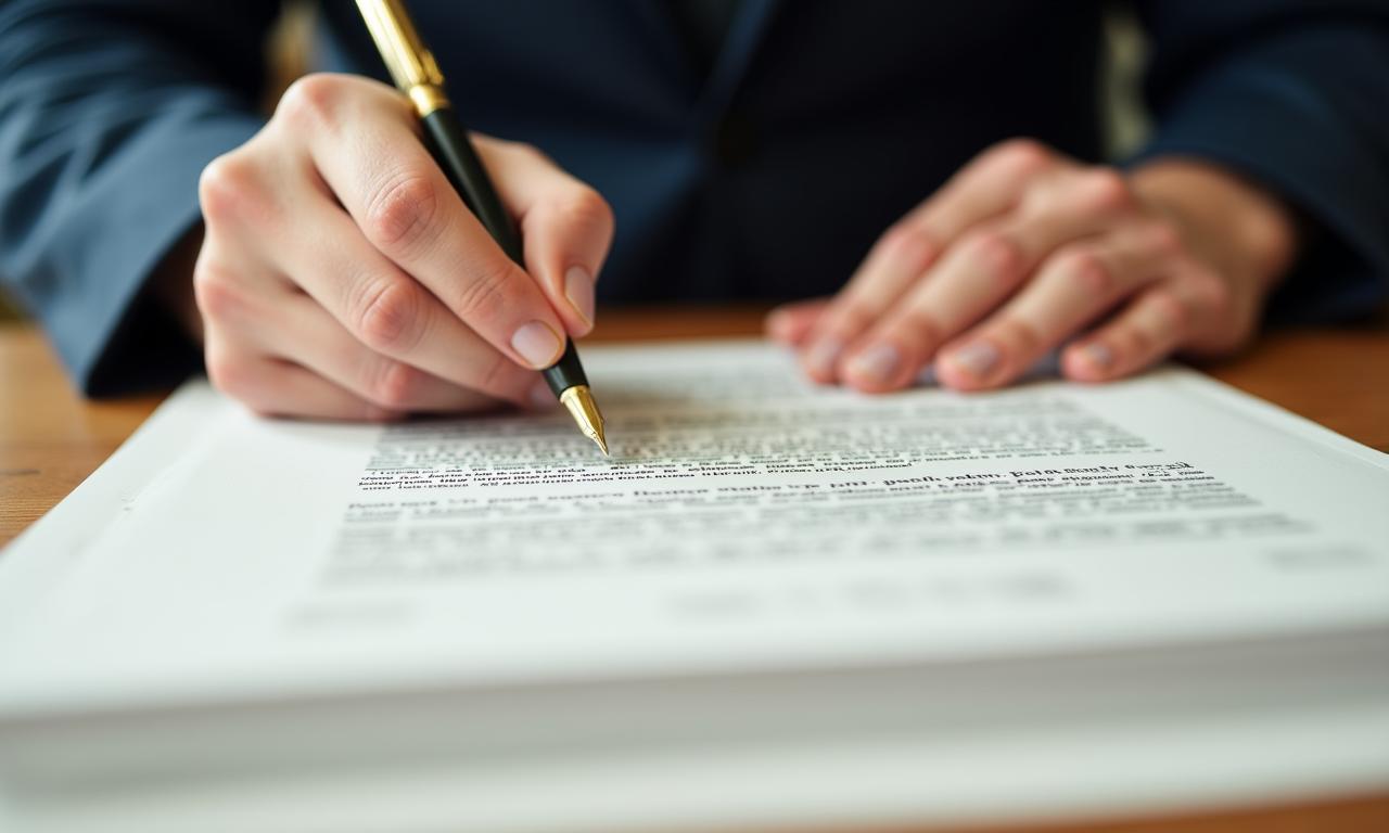 A legal professional meticulously reviewing a commercial contract with a fountain pen and spectacles