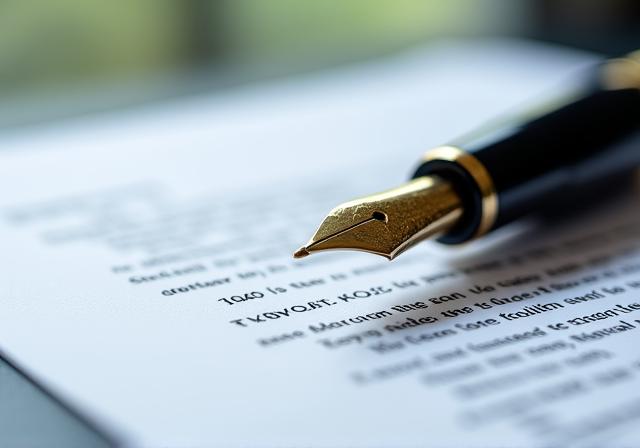 Close-up of a fountain pen signing a detailed legal contract on high-quality paper