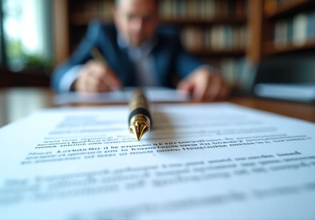 Professional legal consultation atmosphere showing high-end desk with fountain pen and legal documents