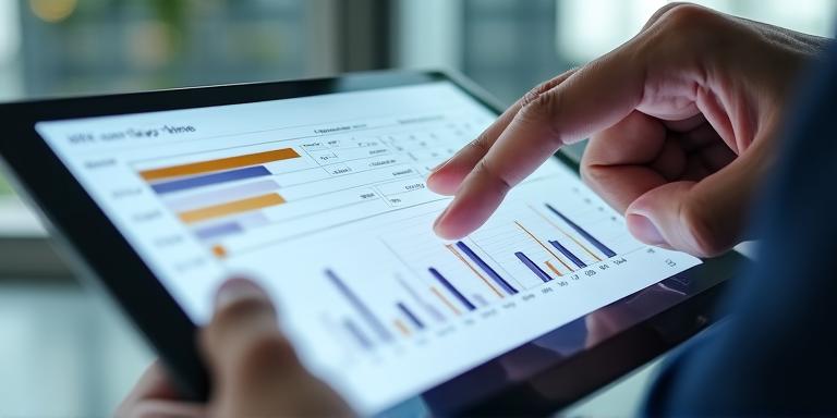 Close up of a tablet showing professional business growth and data reporting charts