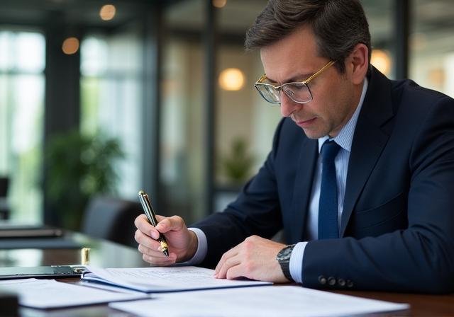 Professional lawyer reviewing a commercial service level agreement in a modern office